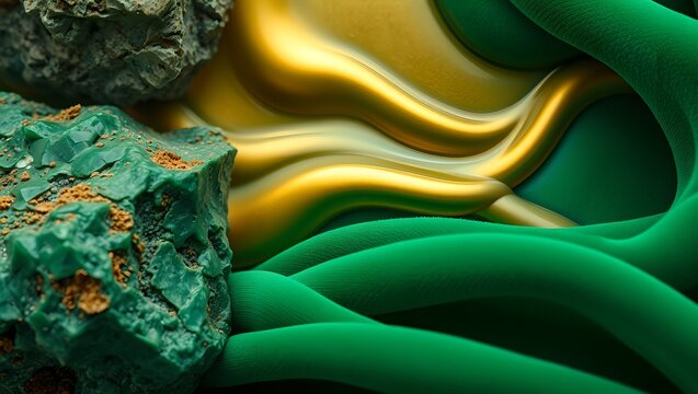Abstract Luxury Texture Background with Rough Green Jadeite Stone Molten Liquid Gold and Soft Emerald Green Velvet Fabric