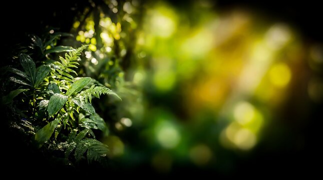 Green fern leaves in a dark forest with golden sun flare bokeh background