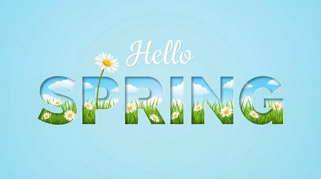 Hello spring text design with daisy flowers and blue sky landscape