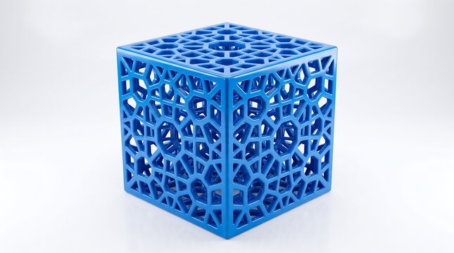 Advanced manufacturing concept featuring a complex glossy blue grid cube isolated on a seamless white background.