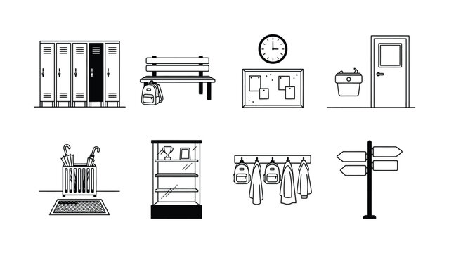 Minimalist school hallway and storage area icons with transparent background