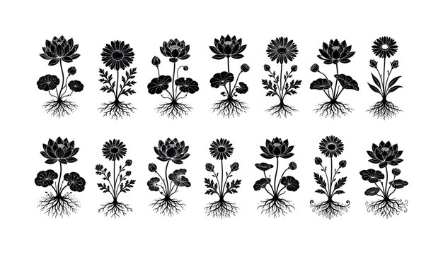 Black lotus and daisy root-inspired botanical set with textured bases and ornamental blossoms, lotus, daisy, root texture,