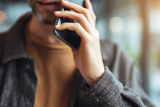 Close up of a person talking on a smartphone in a casual setting.