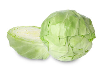 Fototapeta premium Young cabbage isolated on white. Whole and sliced