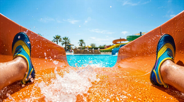 First person view of feet in water shoes sliding down an orange waterslide into a pool