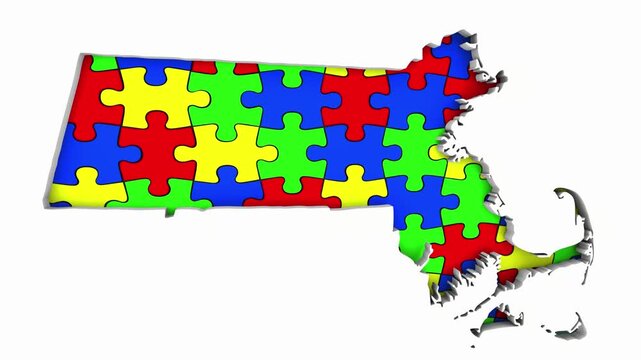Massachusetts MA State Map Autism Puzzle Pieces Awareness Autistic Symbol Spectrum 3d Animation