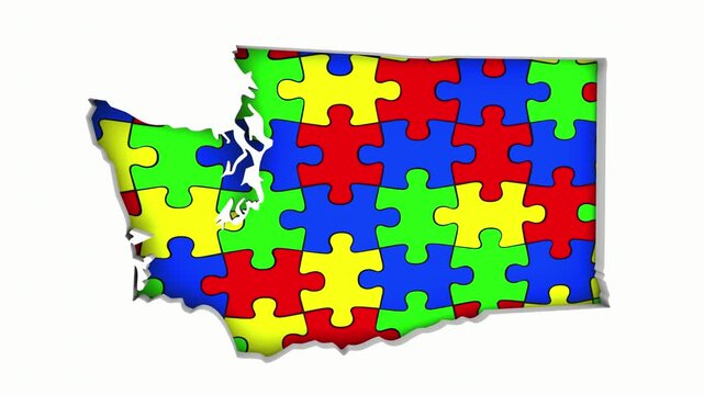 Washington WA State Map Autism Puzzle Pieces Awareness Autistic Symbol Spectrum 3d Animation