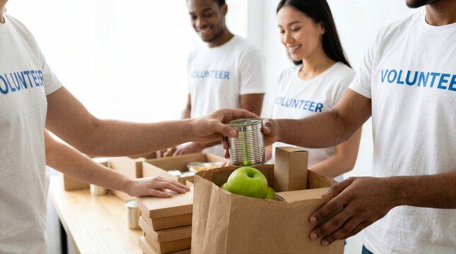 Diverse group of volunteers packing food donations in white shirts