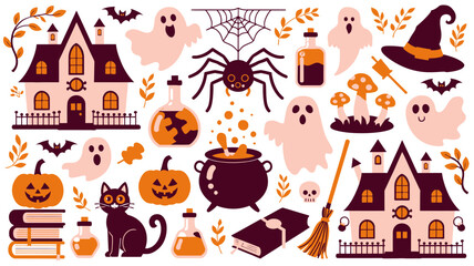 Obraz premium Halloween Set of cute Halloween elements including haunted house spider web ghost cat pumpkin and potion bottles vector illustration