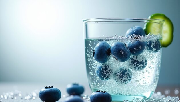 Sparkling Water Macro in Clear Glass Beaker with Micro-Bubbles and Fresh Fruit