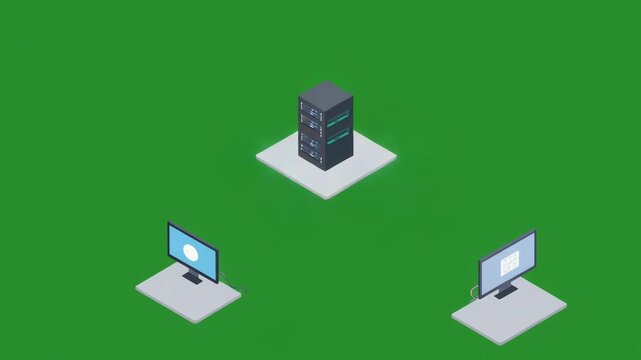 Isometric Illustration of Data Transmission between Desktop Computers and a Central Network Server Tower on Green Background