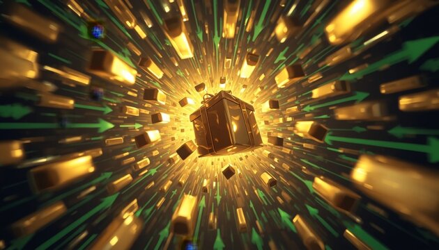This is an image of a golden clock tower surrounded by green and yellow lights