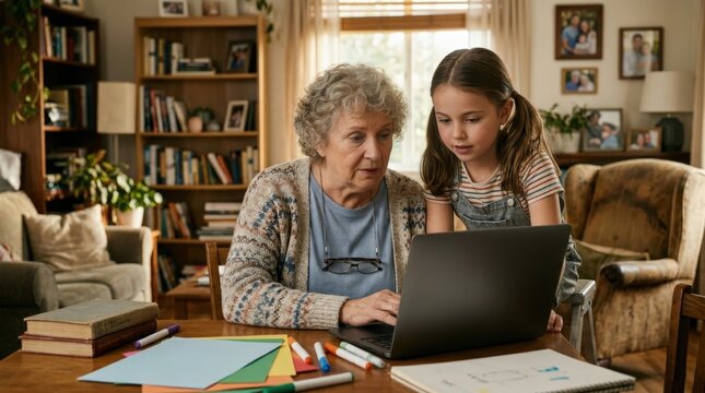 grandmother helping granddaughter with homework on laptop at home