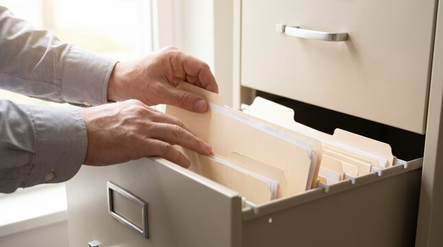 Hands opening a beige metal filing cabinet drawer and sorting through manila folders