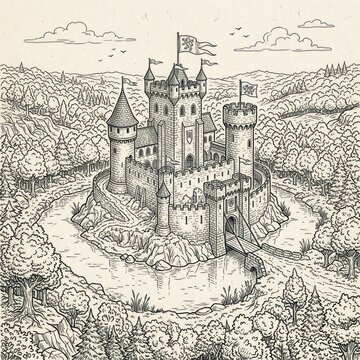 A medieval castle with towers and a moat is surrounded by trees and hills
