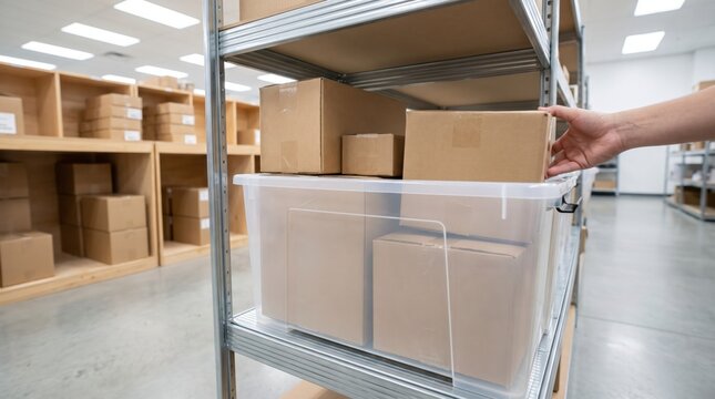 Hand placing a small cardboard box into a clear plastic storage bin on a metal warehouse rack