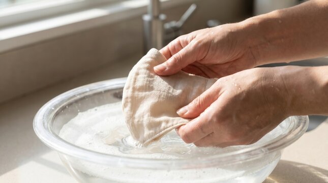 Hands washing a reusable fabric face mask in a glass bowl of soapy water