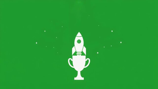 Premium achievement animation of a white trophy and launching rocket icon on a green background