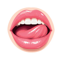 Obraz premium Close-up of glossy pink lips with tongue sticking out and white teeth