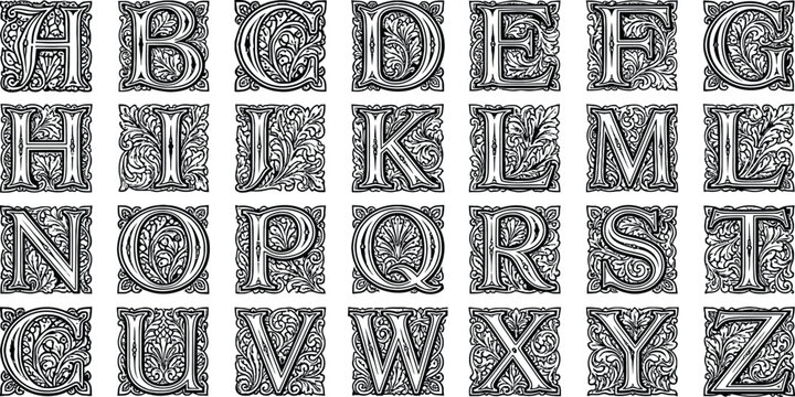 Vintage alphabet vector set, monogram letters with ornamental square frames, baroque initial typography font elements, black engraving characters for design