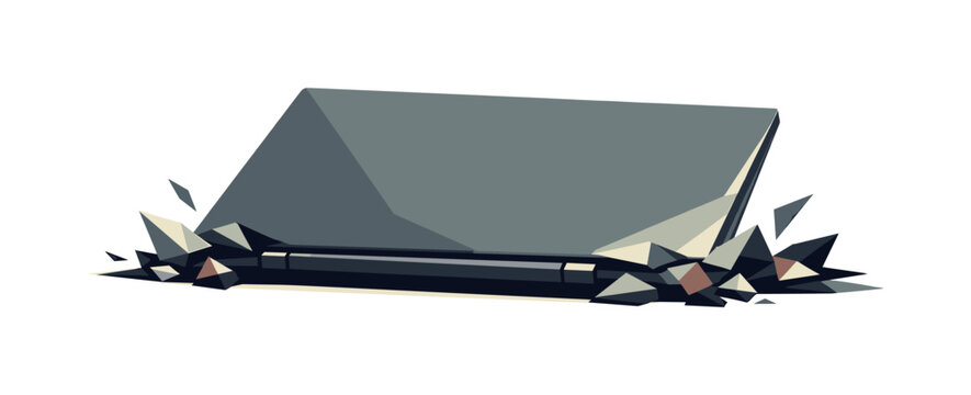 laptop lid snap, the outcome scene showing the laptop fully closed with angular fragments settled around the hinge area, motion