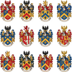 Heraldic crests vector set, medieval royal coat of arms shields with colored eagles, lions, fleur de lis, knight helmets, vintage emblems © Graphiccircle
