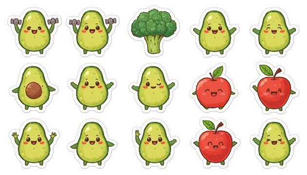 Stickers of avocado, broccoli, apples, and broccoli with different expressions