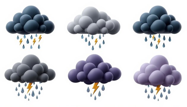There are four different types of clouds with thunders and raindrops