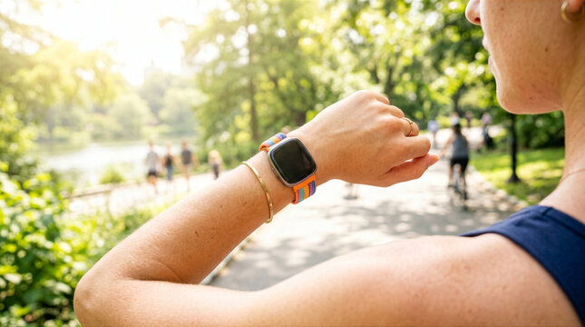 Woman checking colorful smartwatch while walking in park