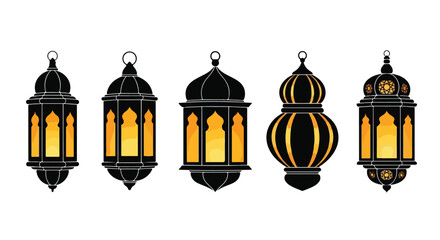Obraz premium Series of decorative hanging lanterns emitting warm yellow glow for festive culture.
