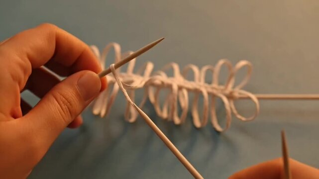 Hands holding knitting needles crafting white yarn.