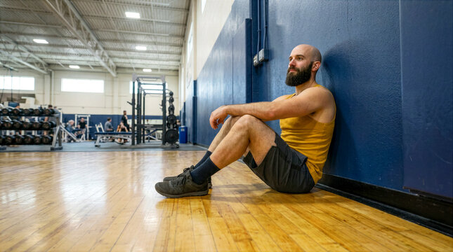 Bald bearded man in yellow tank top resting on gym floor against blue wall