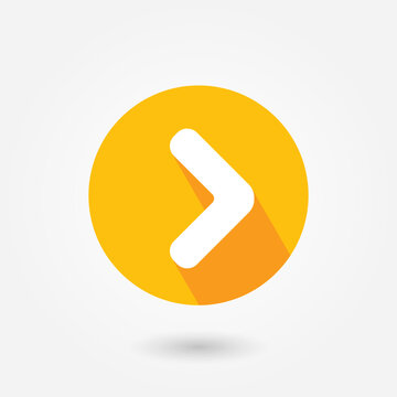Yellow round button icon with right arrow symbol and long shadow, direction