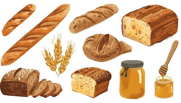 There are many different types of breads and breadsticks on the table