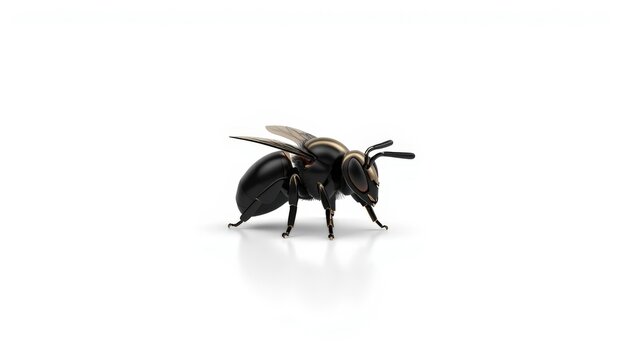 There is a bee that is standing in the middle of a white floor