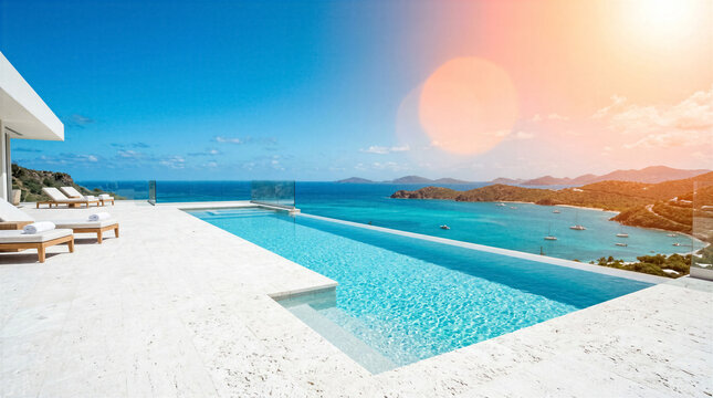 Modern villa infinity pool overlooking turquoise bay and islands