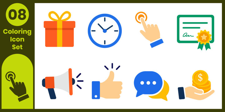 Colorful flat icon set depicting various concepts including gifts time communication and achievement on a white background