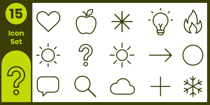 Collection of simple linear icons including a heart apple lightbulb snowflake and question mark on a green background