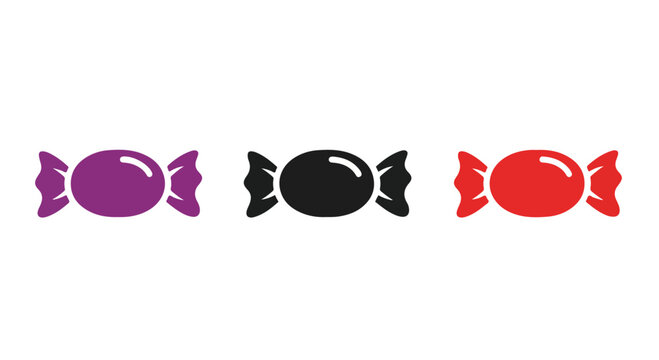 Three colorful wrapped candies in purple, black, and red with glossy wrappers on white background.
