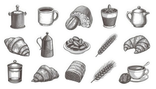 Sketches of coffee, croissants and bread on a white background