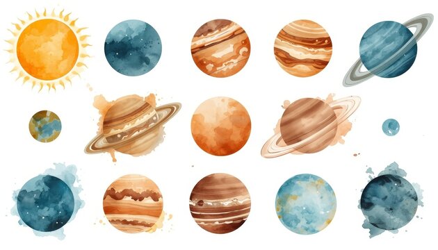 An image of a set of nine planets painted in watercolor