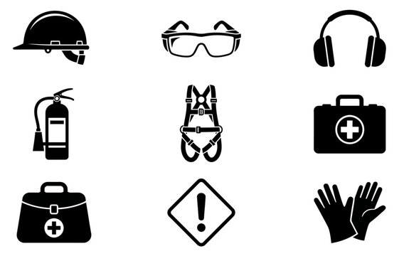 Black silhouettes of construction safety equipment including a hard hat goggles respirator and first aid kit on a white background