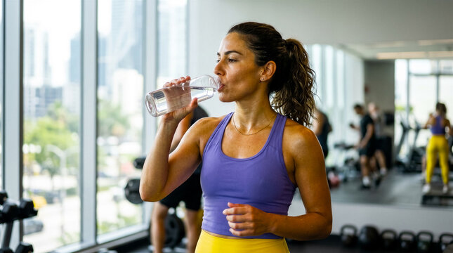 Athletic woman drinking water from glass in gym