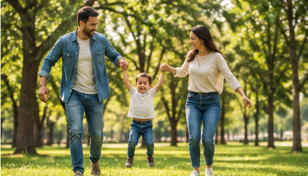 Padres j&oacute;venes caminando y jugando con su hijo peque&ntilde;o en un parque arbolado durante un d&iacute;a soleado, concepto de familia, felicidad, crianza, uni&oacute;n y vida saludable.