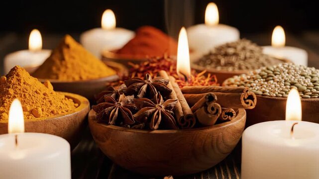 Indian spices in wooden bowls with white candles.