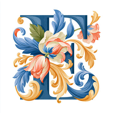 Letter E showcasing a decorative alphabet design. Ornate floral elements, blooming flowers, and intricate scrollwork adorn the initial