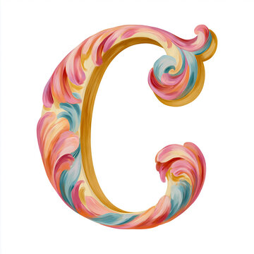 Letter C showcasing intricate baroque and rococo elements with colorful, hand painted scrollwork, creating a decorative alphabet design
