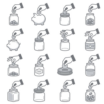 Money saving and investment growth jar icon set.