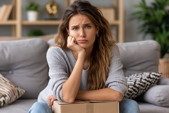 Young woman sits on a couch with a package looking bored in a living room