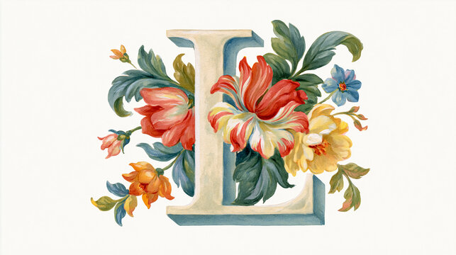 Letter L with floral decoration, vintage style watercolor initial, decorative alphabet element